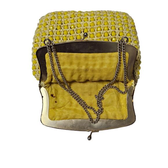 Vintage Retro Yellow Beaded Raffia Cross Body Chain Link Strap Bag Made in Italy - Picture 2 of 10